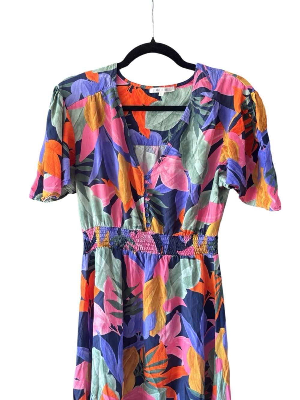 Abel The Label Tropical Floral Dress Smocked Waist Button Front Midi Dress L - Picture 4 of 6